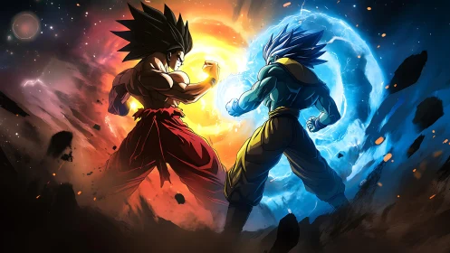 Dual-energy anime warriors locked in opposing elemental clash