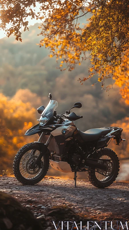 Golden hour escape with an adventure bike under autumn trees.