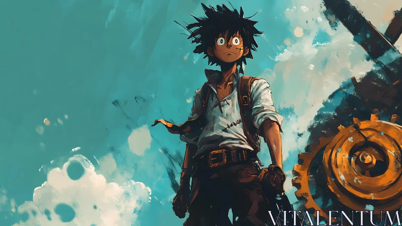 Young figure stands before large mechanical gear outdoors