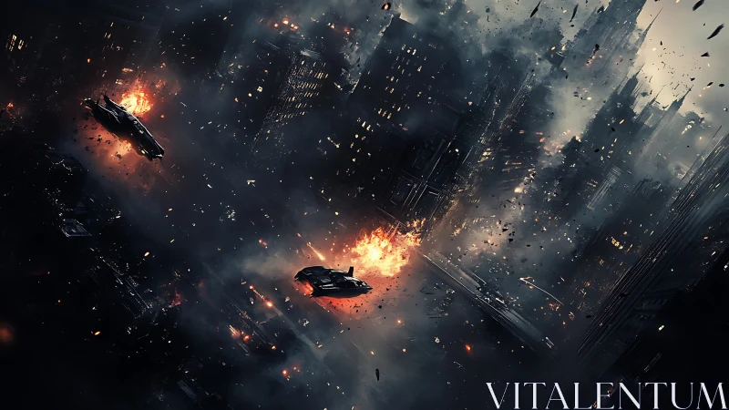 Stormlit future skyline under fire and drifting sparks.