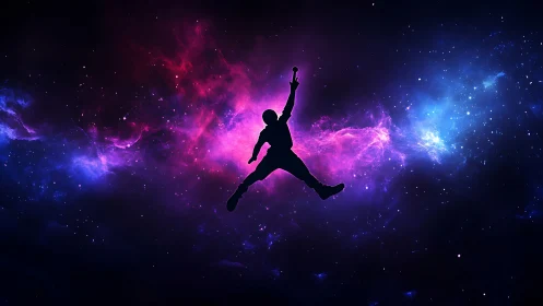 Silhouette of floating figure centered against vivid nebula