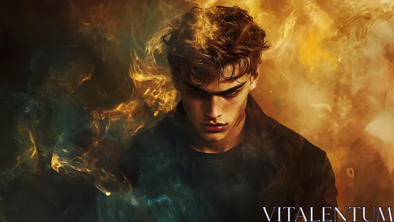 Brooding young hero surrounded by swirling golden firelight.