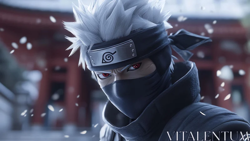 Masked silver-haired anime ninja with red eyes outdoors.