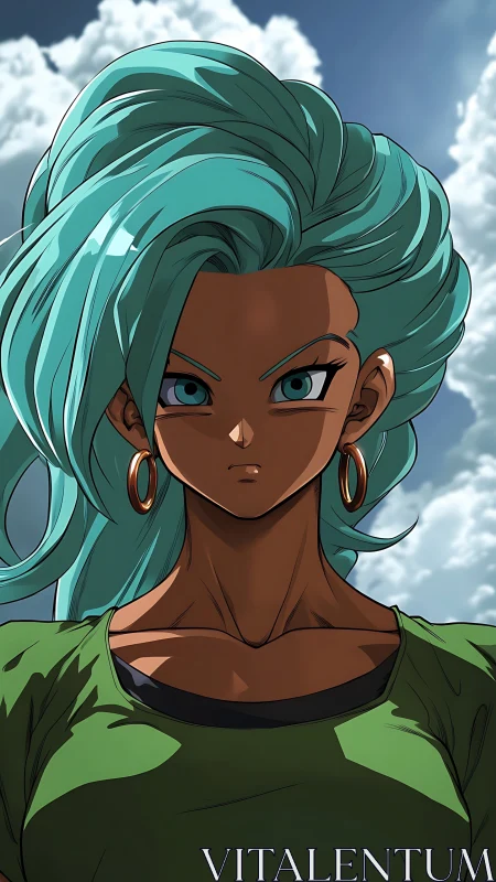 Stoic teal-haired warrior stares forward under dramatic sky