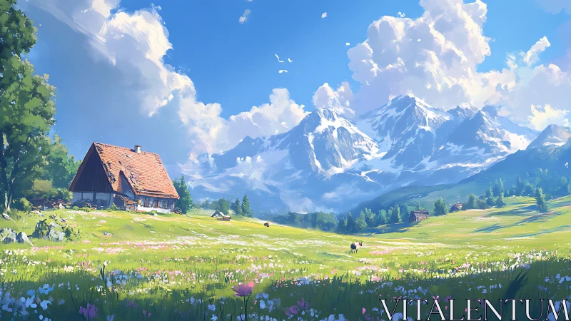 Pastoral alpine meadow with cottage under bright sky.