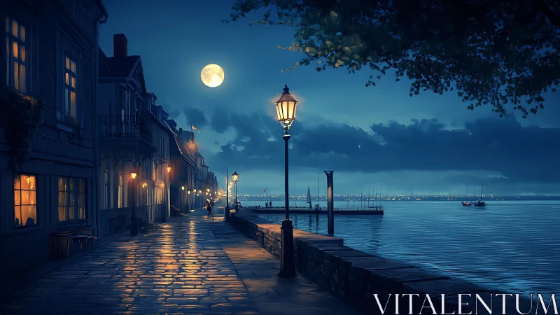 Moonlit waterfront street with lampposts and calm harbor.