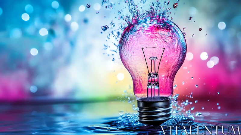 Color-splashed lightbulb bursting with liquid imagination.