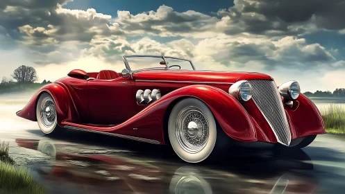 Red classic roadster parked on wet country roadside.