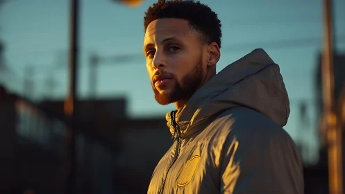 Man in hooded jacket stands in warm urban sunset light