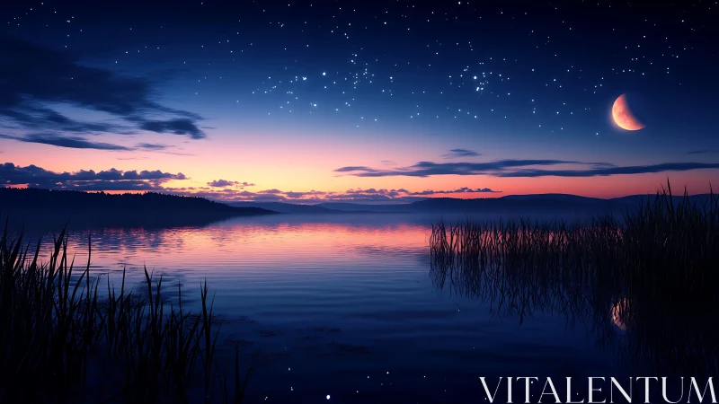Gentle twilight lake glows under a crescent moon and stars