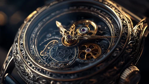 Mechanical wristwatch with ornate skeleton dial in closeup.