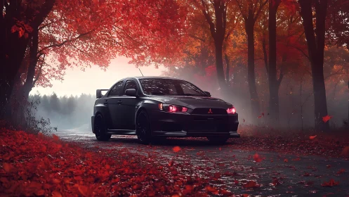 Midnight black sports sedan glides through a moody autumn road
