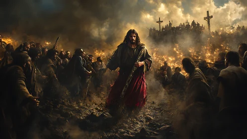 Dramatic messianic procession amid burning hillside crowds.