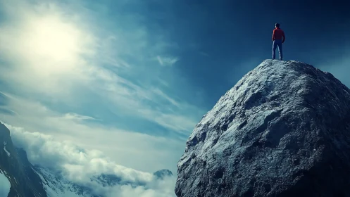 Solitary figure standing atop rocky mountain summit under sky.