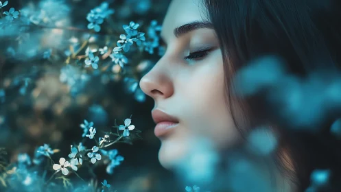 Dreamy Portrait of Woman Among Blue Blossoms, Soft Focus Style.