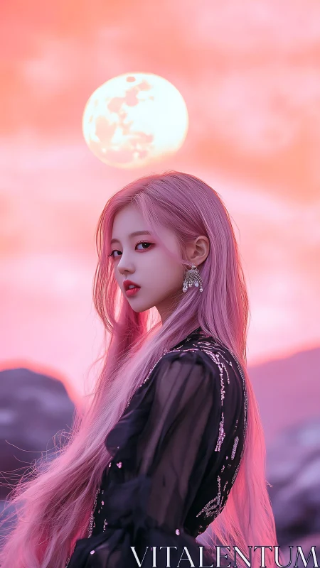 Side profile of pink haired woman under large full moon.