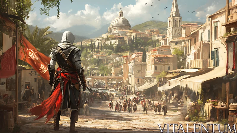 Hooded assassin overlooks lively Renaissance city street.