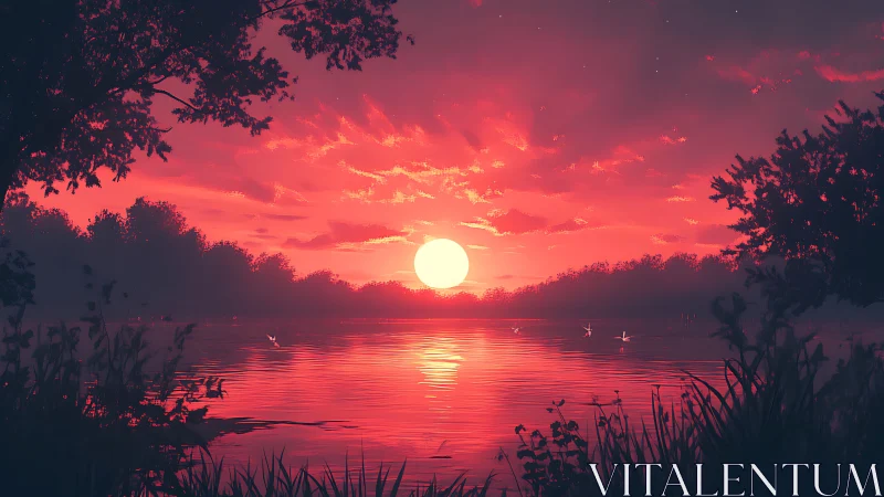 Crimson sunset reflects across tranquil forest lake horizon.