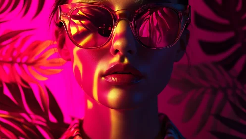 Neon-lit portrait isolates reflective sunglasses in bold contrast