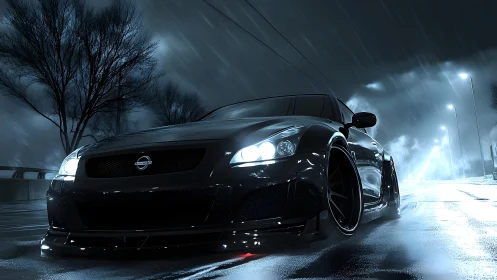 Sleek black Nissan sports car on wet city street at night, cinematic style.