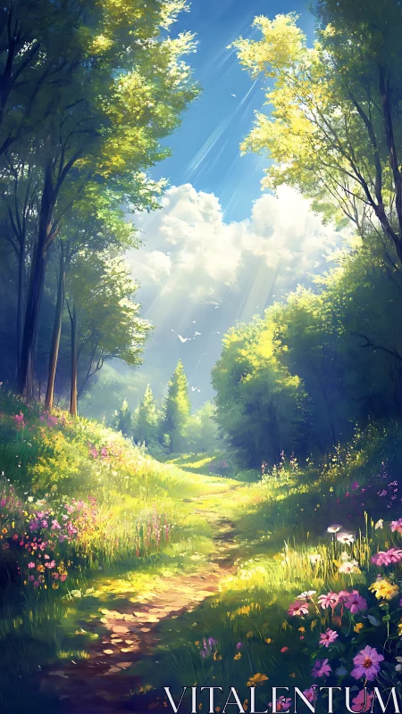 Sunlit Forest Path Through Towering Trees.