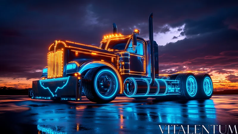 Futuristic semi truck stands on wet surface under dusk sky