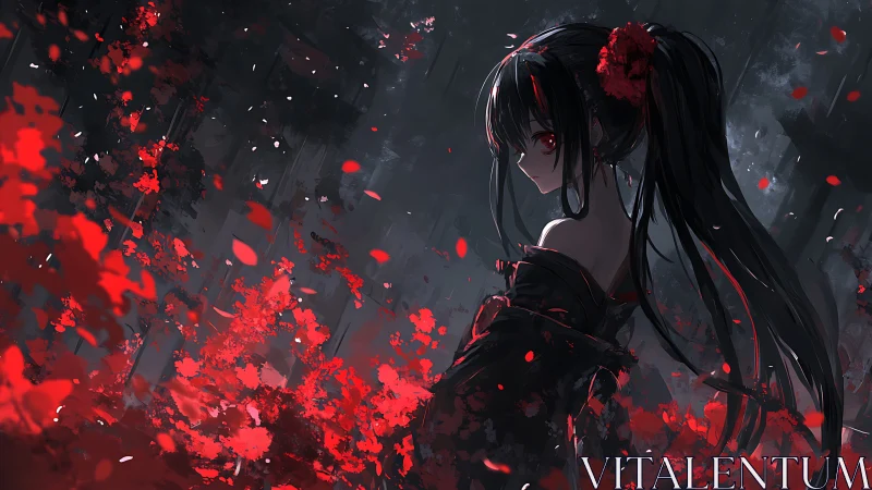 Anime nocturne with red petals and dark forest depth study.