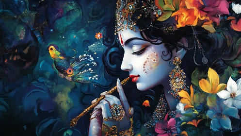 Divine flutist in jeweled bloom embraces serene night.