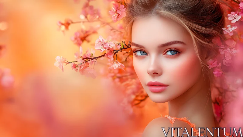Female portrait with cherry blossoms on warm gradient background.