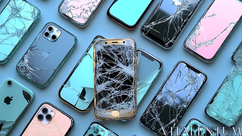 Shattered smartphone chorus in icy neon repair-shop limelight.