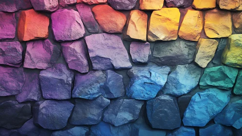 Prismatic stone wall in sweeping rainbow gradient lighted hues.