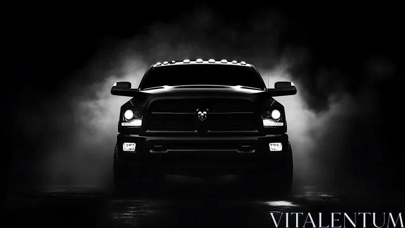 Front-facing black pickup truck in low-key lighting profile.