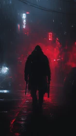 Silhouetted gunman advances through neon rain and red backlight