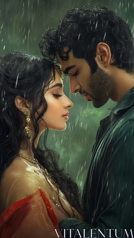 Two lovers embrace in rain beneath green storm.