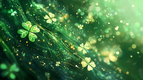 Glowing shamrock leaves drift through bokeh-rich luminous field