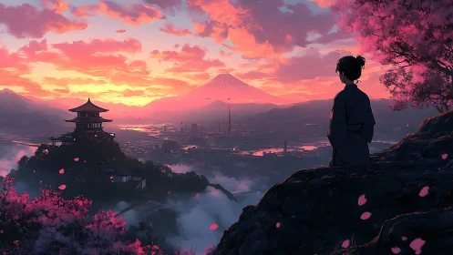 Twilight petals drift above a quiet city of distant peaks.