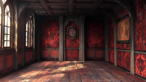 Sunlit empty red wooden room with crest and framed painting
