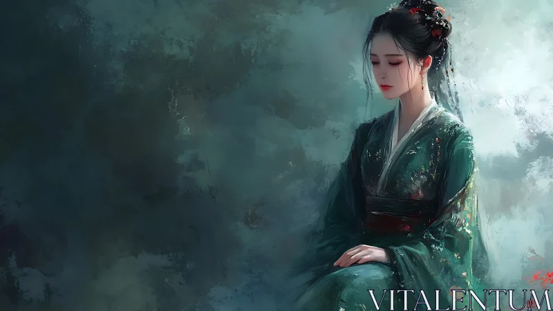 Melancholic woman in green hanfu within misted teal void.