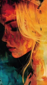 Profile portrait of woman blended with abstract warm colors