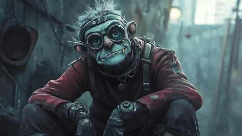Goggle-eyed junkyard goblin engineer in misty alleyway.