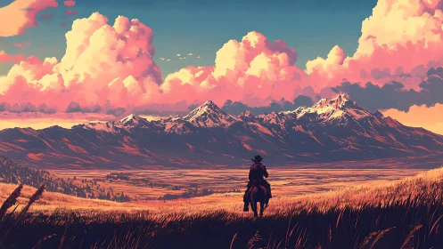 Lone rider gazes toward sunlit mountains under pink clouds.