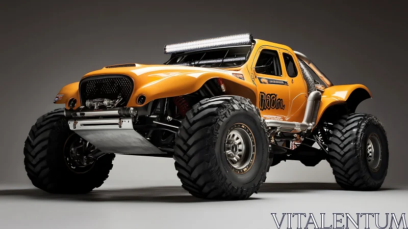 Orange off-road truck with oversized tires is studio lit