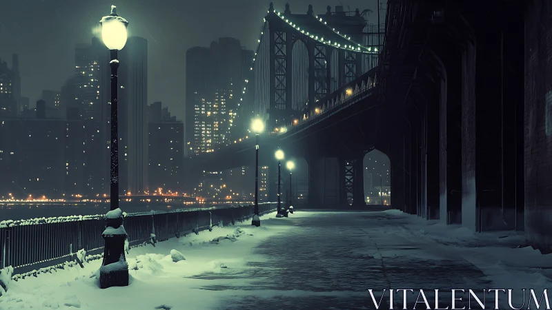 Snowy night waterfront under urban suspension bridge.