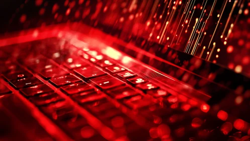 Rivers of red light dance across a glowing laptop keyboard