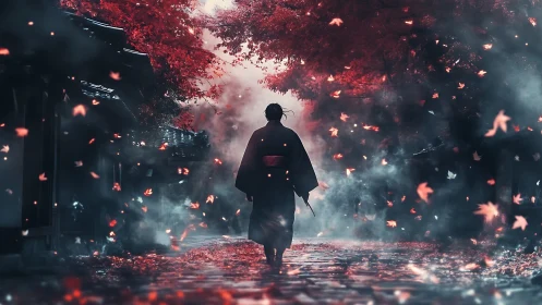 Samurai walks through foggy street under dense red foliage