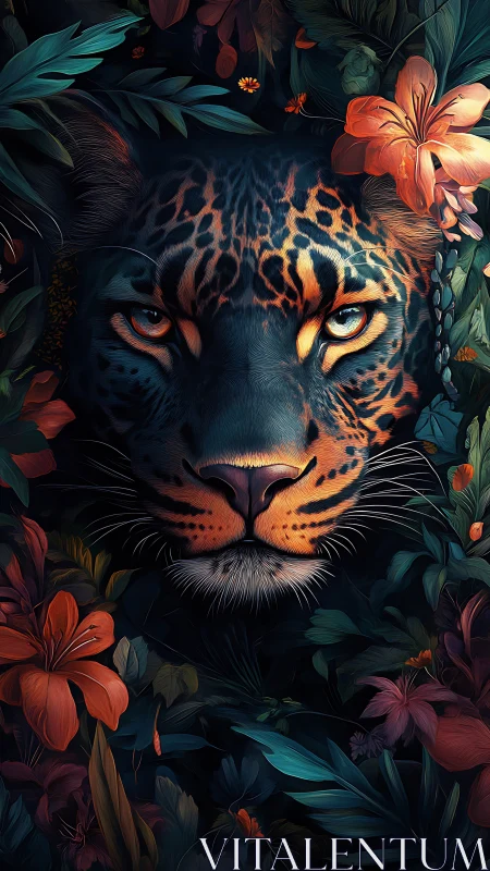 Nocturnal leopard portrait framed by neon jungle florals.