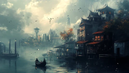 Misty canal city quietly blends rustic homes and distant towers