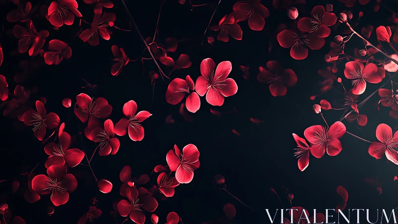 Crimson Four-Petaled Flowers Against Deep Black Background
