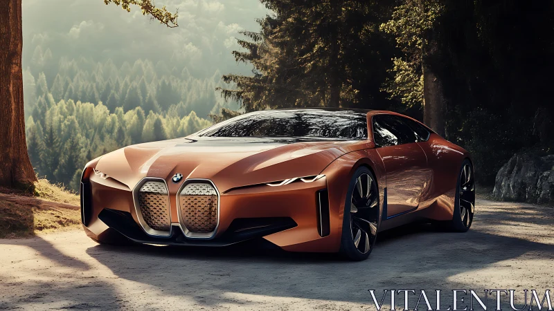 Sculpted orange BMW concept car glows against a quiet forest
