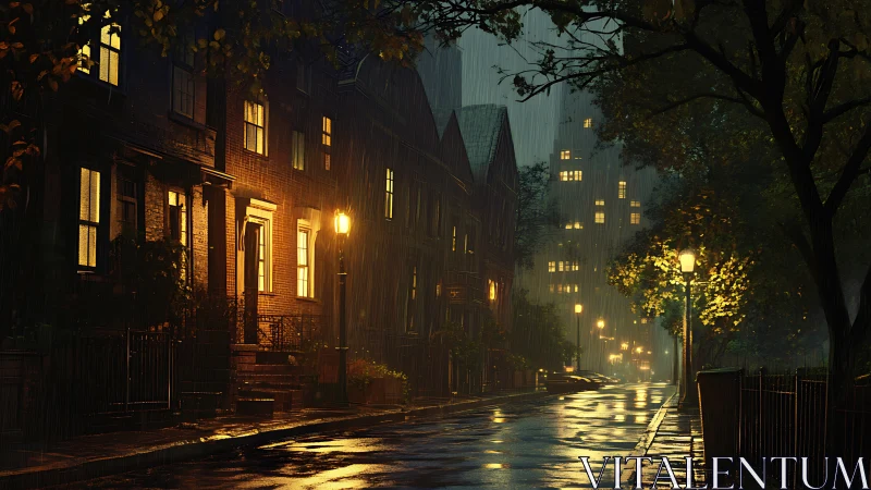 Rain-slicked brownstone avenue under patient golden lamplight.
